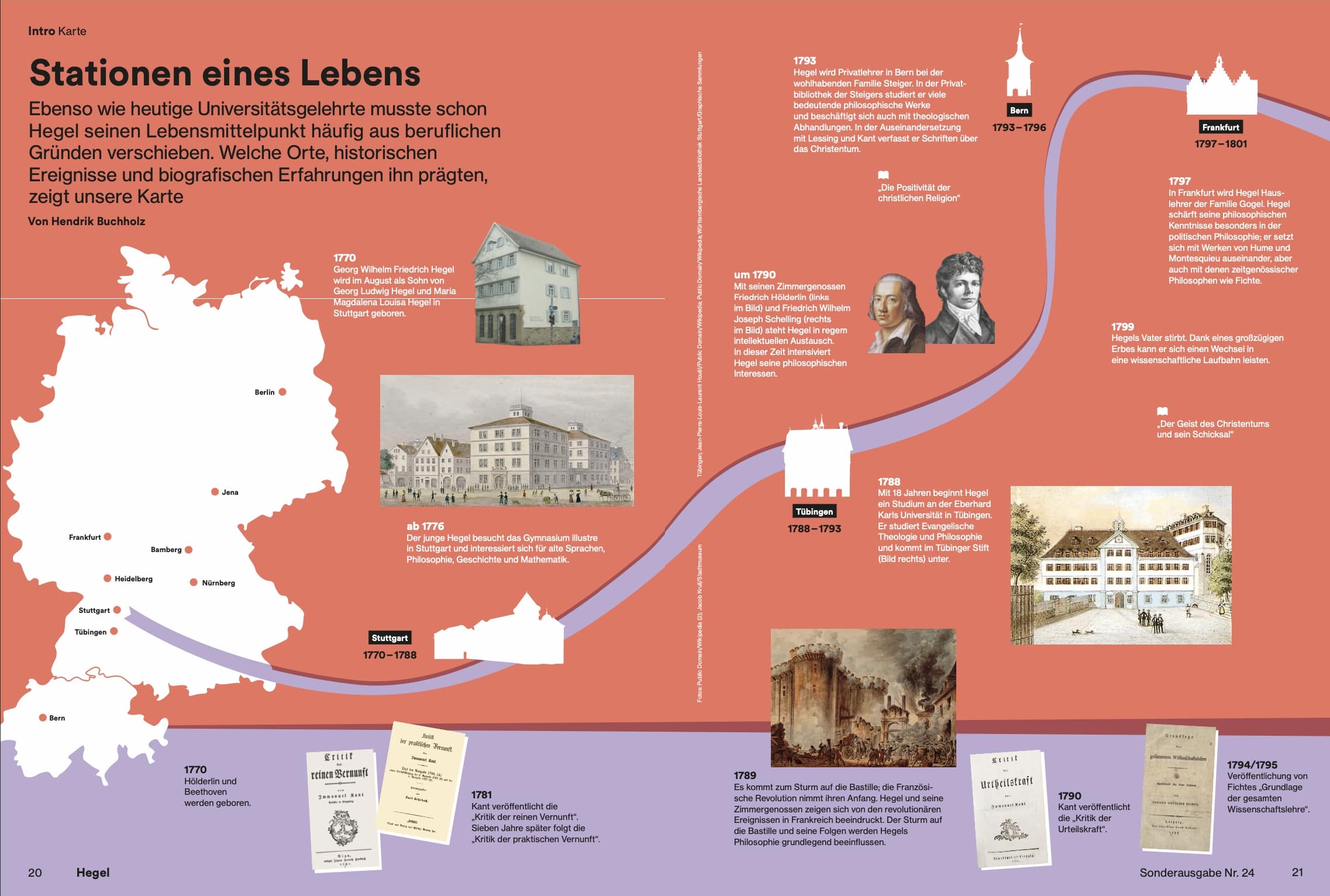Das Bild ist eine zweiseitige Druckausgabe, die die "Stationen eines Lebens" darstellt und sich auf die Lebensereignisse und Stationen des deutschen Philosophen Georg Wilhelm Friedrich Hegel bezieht. Es enthält eine Karte von Deutschland mit markierten Städten wie Berlin, Jena, Frankfurt und anderen, die mit Hegels Leben und Arbeit verbunden sind. Jede Stadt ist mit einer bestimmten Lebensphase oder einem Ereignis in Hegels Leben verknüpft, wie z.B. Stuttgart (1770-1788), Tübingen (1788-1793), Bern (1793-1796) und Frankfurt (1797-1801). Zusätzlich gibt es Bilder von Gebäuden und historischen Stätten, Porträts von Hegel und anderen Personen, sowie Abbildungen von Titelseiten seiner Werke wie "Phänomenologie des Geistes" und "Wissenschaft der Logik".